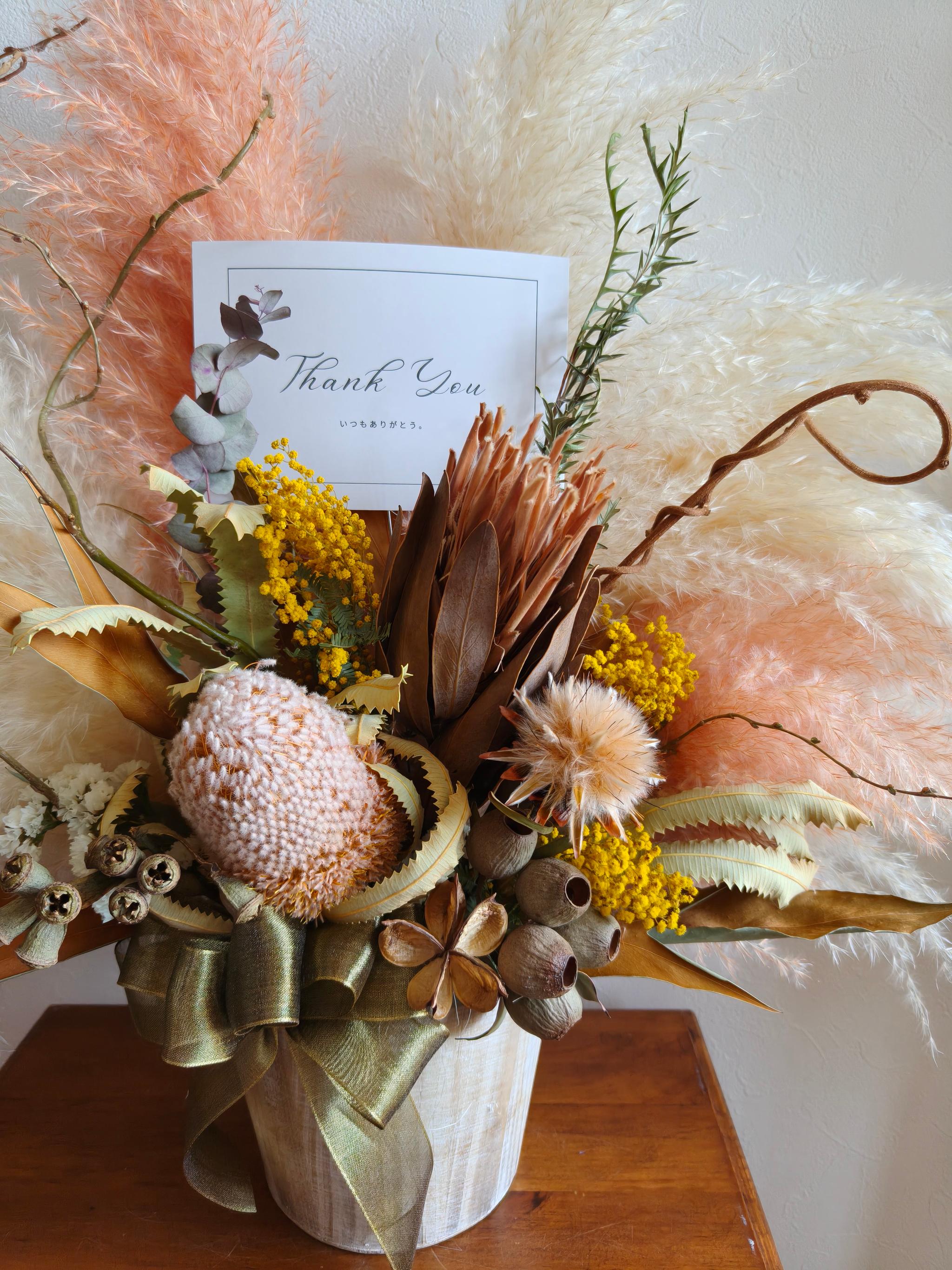 ワイルドフラワーとミモザのお祝い花L　パンパスグラス 開店祝い周年祝い新築祝い　インテリア店舗装飾　ドライフラワー | 3枚目